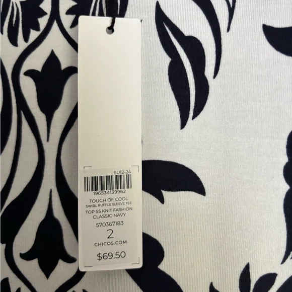 NWT Chico’s Touch of Cool Swirl Ruffle Sleeve Tee Navy - Picture 6 of 7